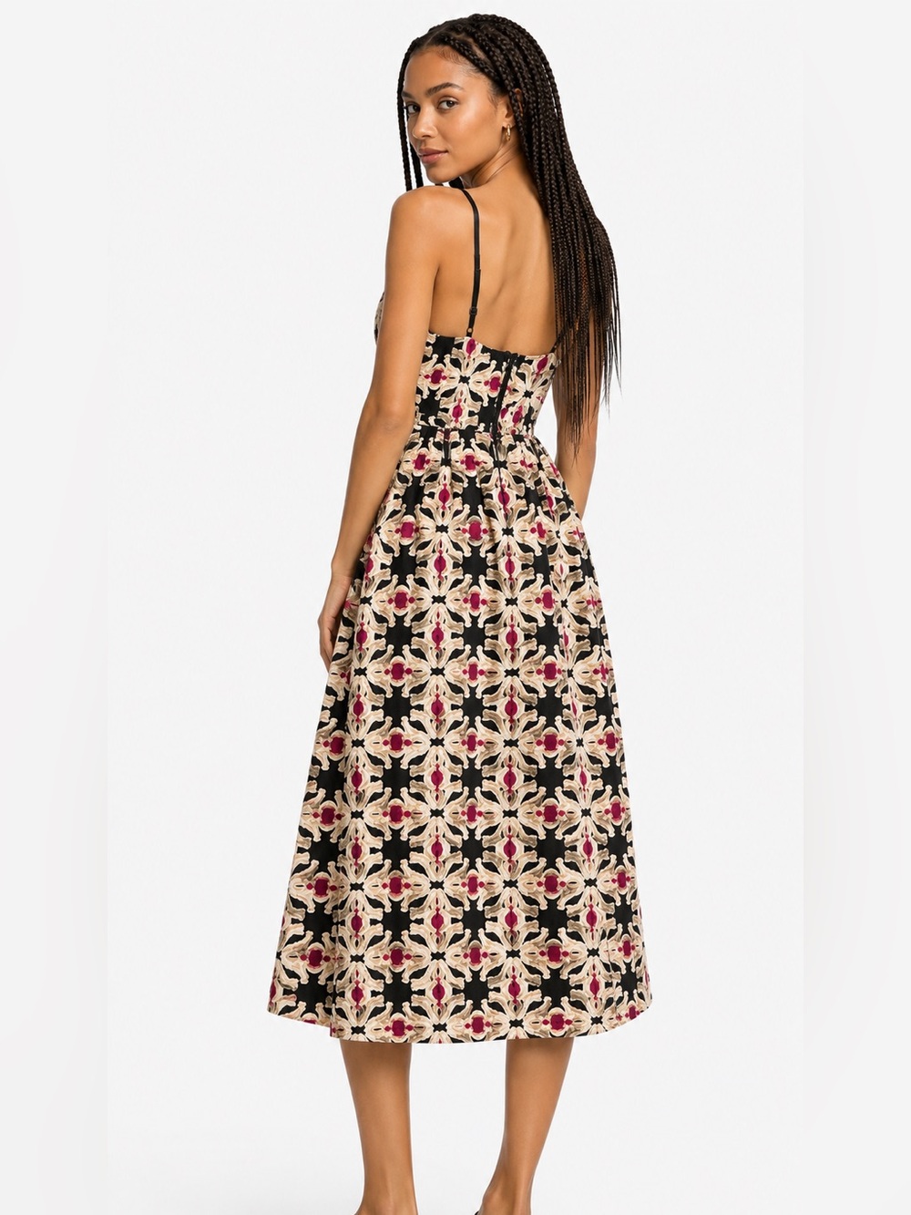 H&M Vintage-Inspired Floral Midi Dress Black Cream Pink Adjustable Strap Dress